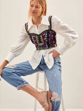 Anthropologie Black Multicolor Embroidered Bustier Top